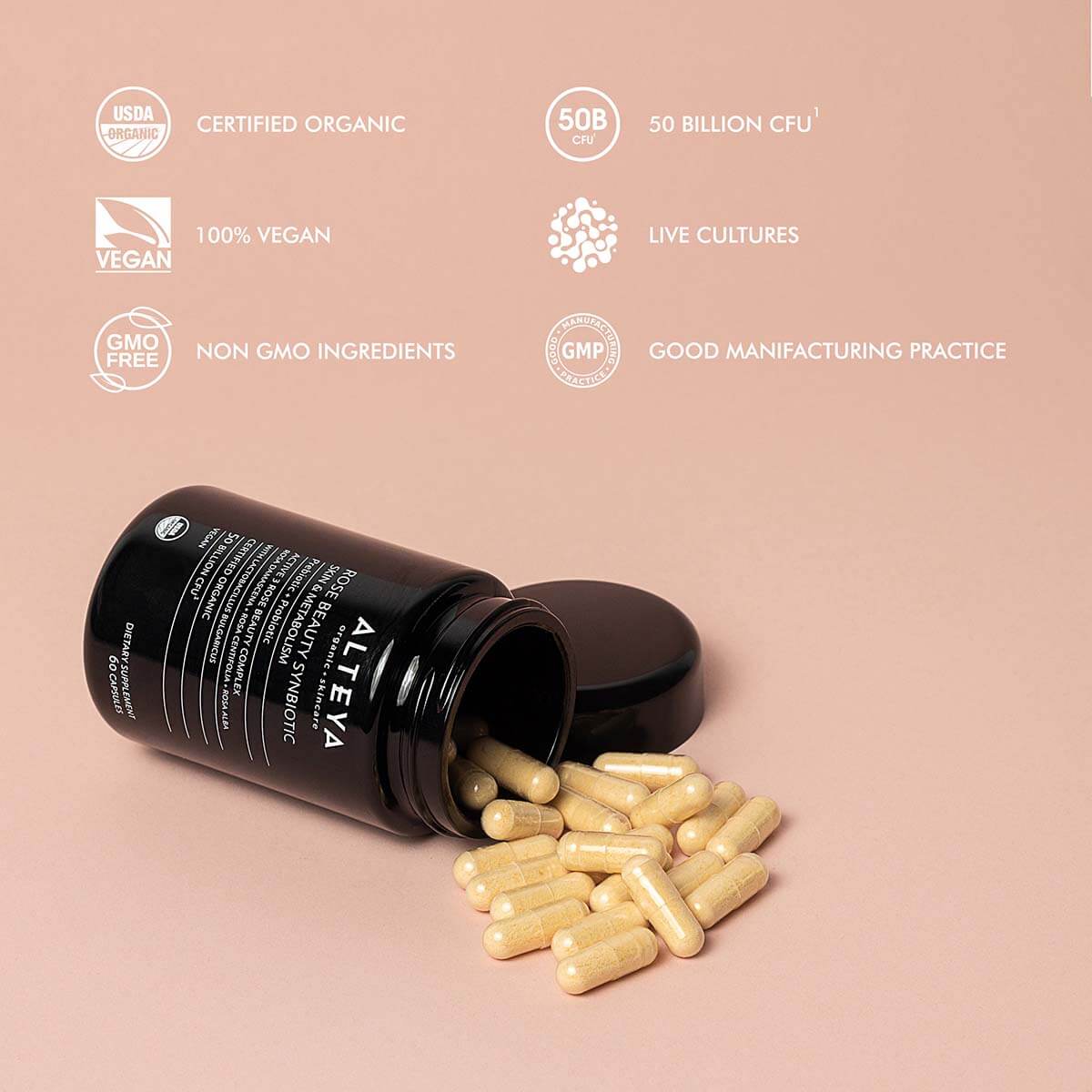 A jar of Rose Beauty Prebiotic and Probiotic - Synbiotic Skin & Metabolism Vegan Organic Supplements by Alteya Organics, promoting gut health, specifically probiotics, on a pink background.