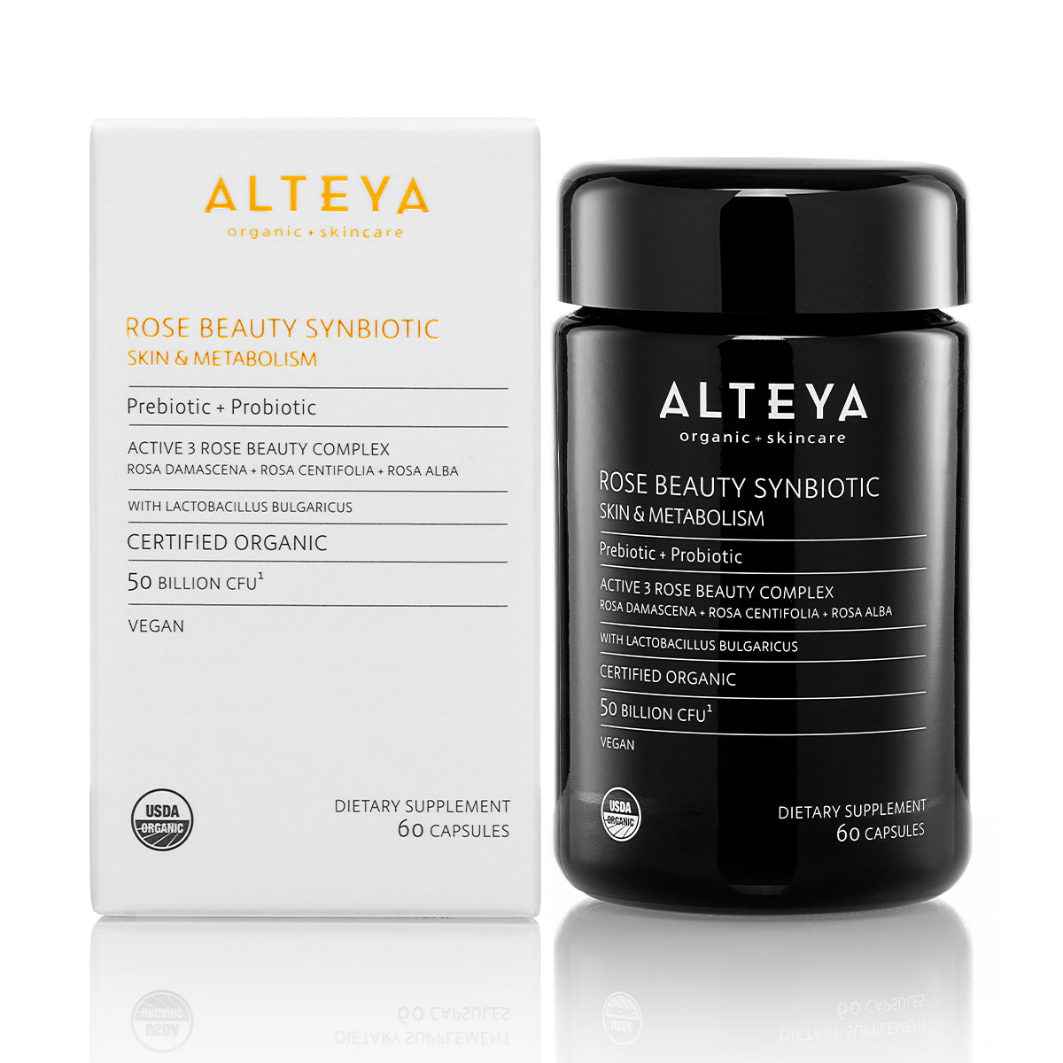 The Alteya Organics Rose Beauty Prebiotic and Probiotic - Synbiotic Skin & Metabolism Vegan Organic Supplement promotes gut health.