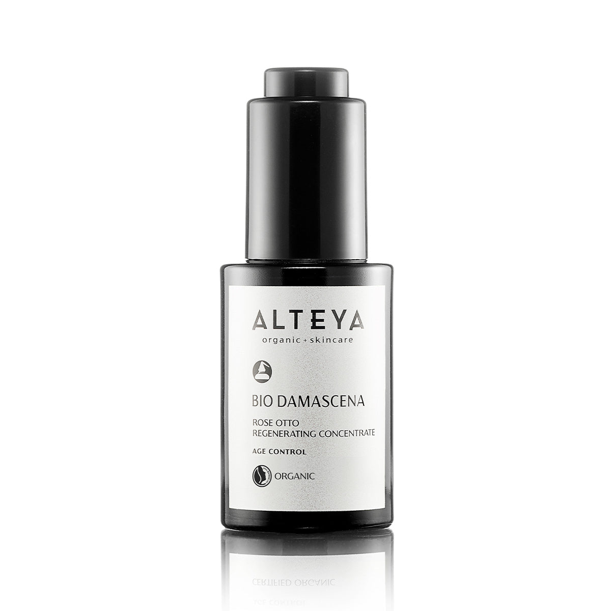 A black and white bottle of Alteya Organic Skincare's Bio Damascena Rose Otto Regenerating Concentrate, labeled as a high-performance serum for organic age control.
