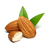Almonds with green leaves on a white background.