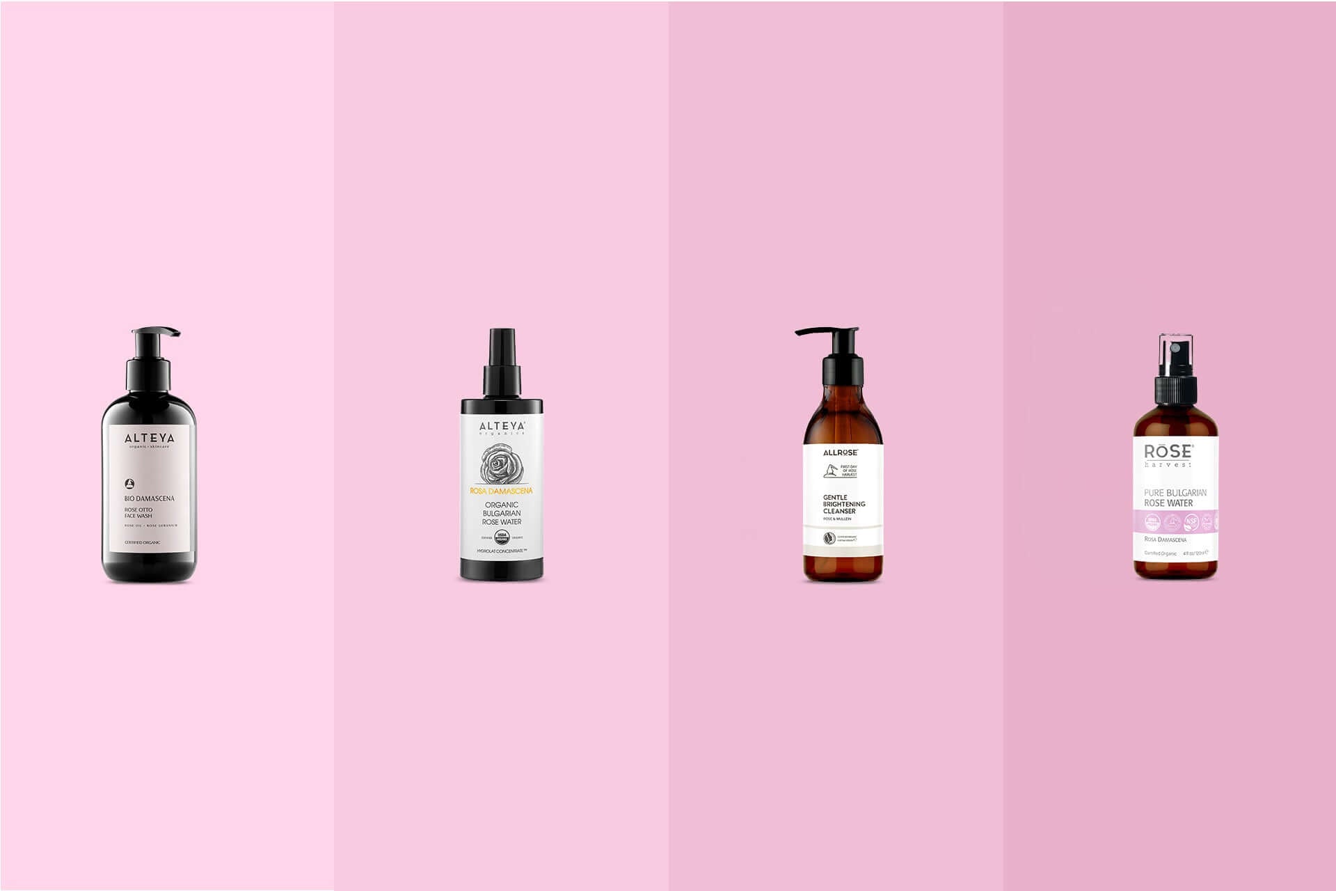 Five different types of hair care products on a pink background.