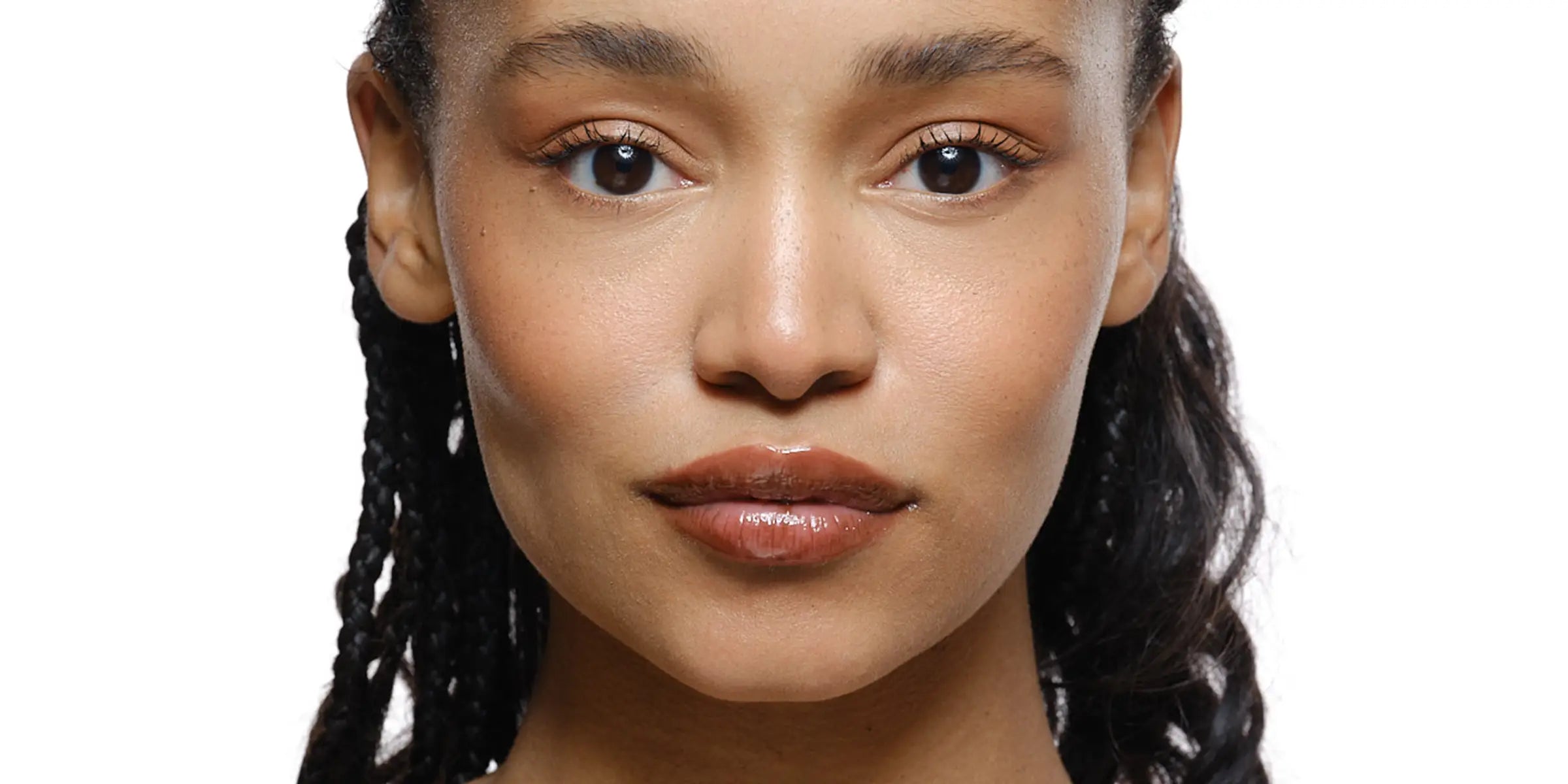 Caramel glaze lip gloss on lips