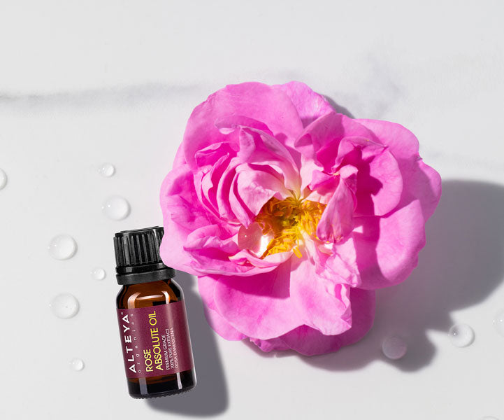 A pink flower next to a bottle of essential oil.