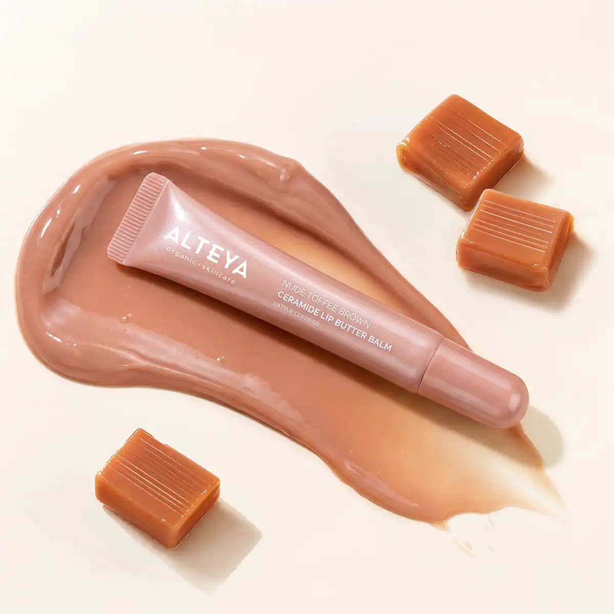 Nude toffee brown lip gloss texture
