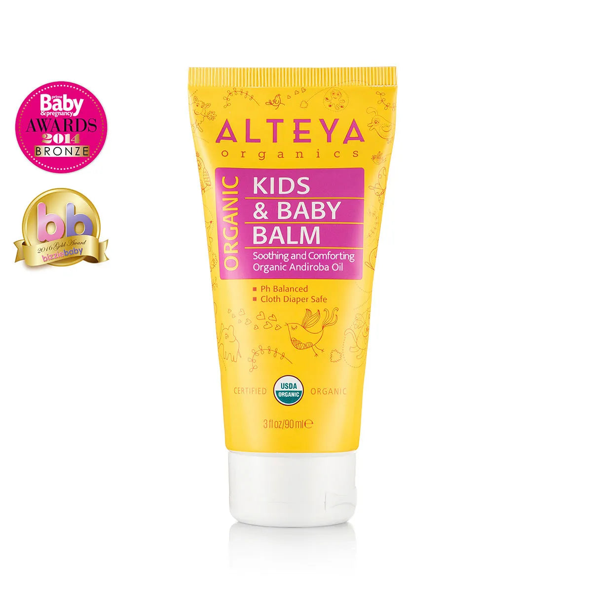 The Alteya Organics Organic Kids & Baby Balm comes in a yellow tube and is labeled as an organic healing balm certified by the USDA. It proudly displays the "Baby Awards 2014 Bronze" badge, making it evident that this multi-purpose healing ointment is suitable for sensitive skin. It is conveniently available in a 3 fl oz/90 ml size.