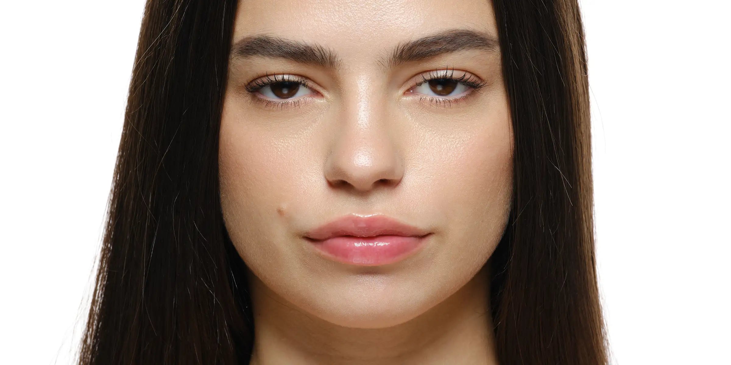 Nude toffee brown lip gloss and model