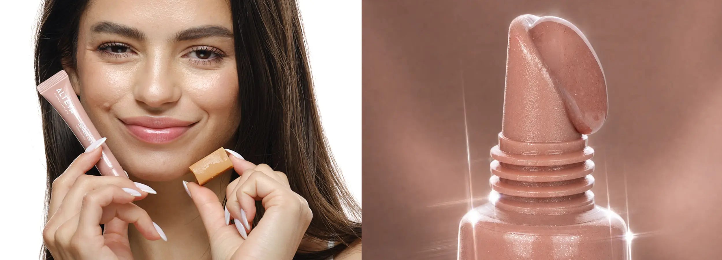 Nude toffee brown lip gloss banner
