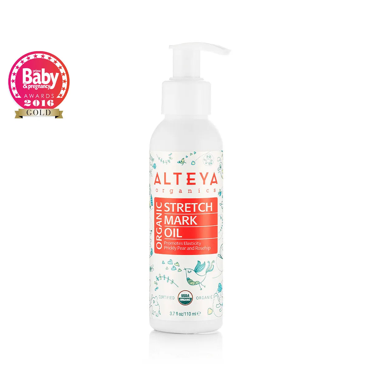 A premium blend bottle of Alteya Organics Pregnancy Stretch Mark Oil Certified organic containing plant based oils, enriched with Bulgarian rose oil, displayed on a clean white background.