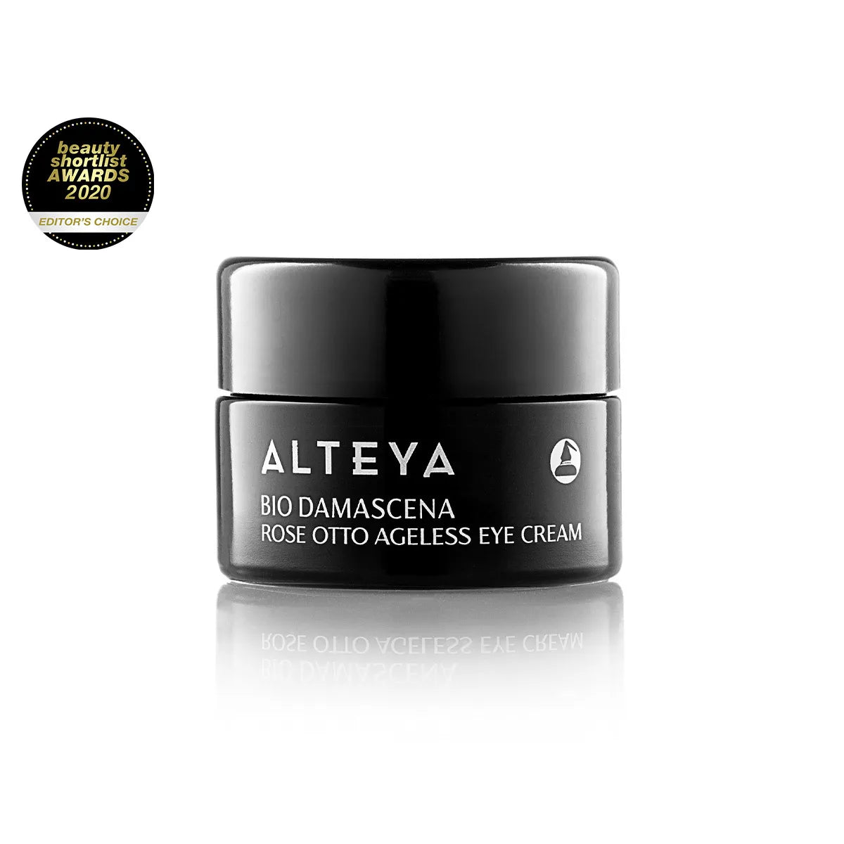 A black jar of Bio Damascena Rose Otto Ageless Eye Cream by Alteya, bearing the "Editors' Choice" badge from the Beauty Shortlist Awards 2020, features an anti-aging formula that targets dark circles to promote youthful and rejuvenated skin around the eyes.