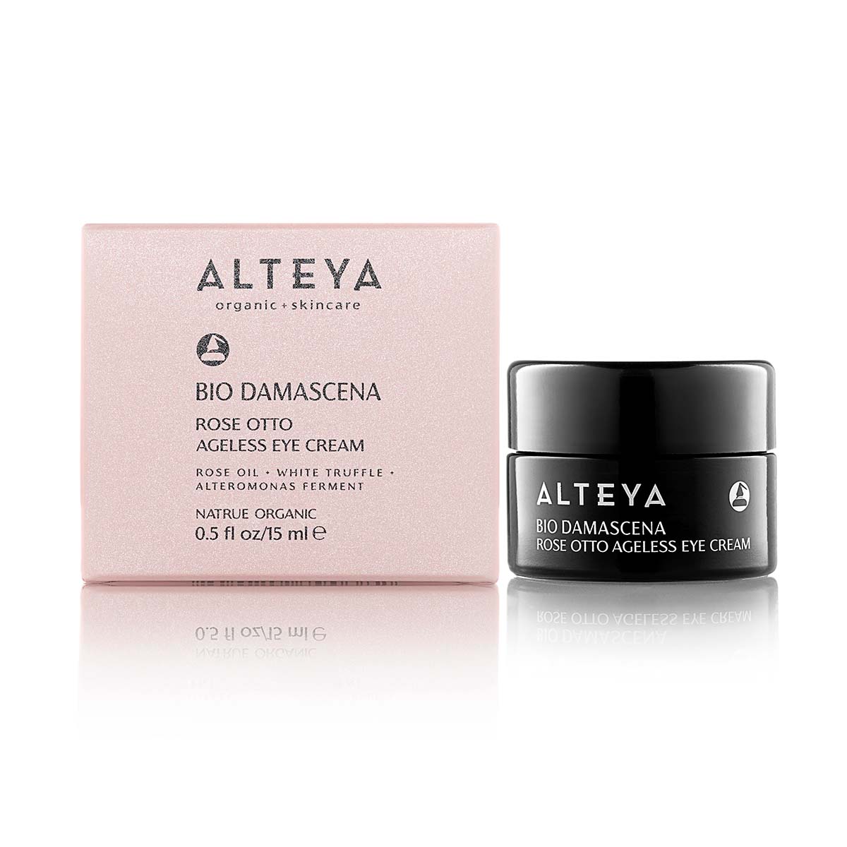 A 15ml jar of Bio Damascena Rose Otto Ageless Eye Cream with a matching pink box. The product includes organic ingredients like rose oil and white truffle, aiming to provide anti-aging benefits, reduce dark circles, and promote skin elasticity for the under-eye skin.