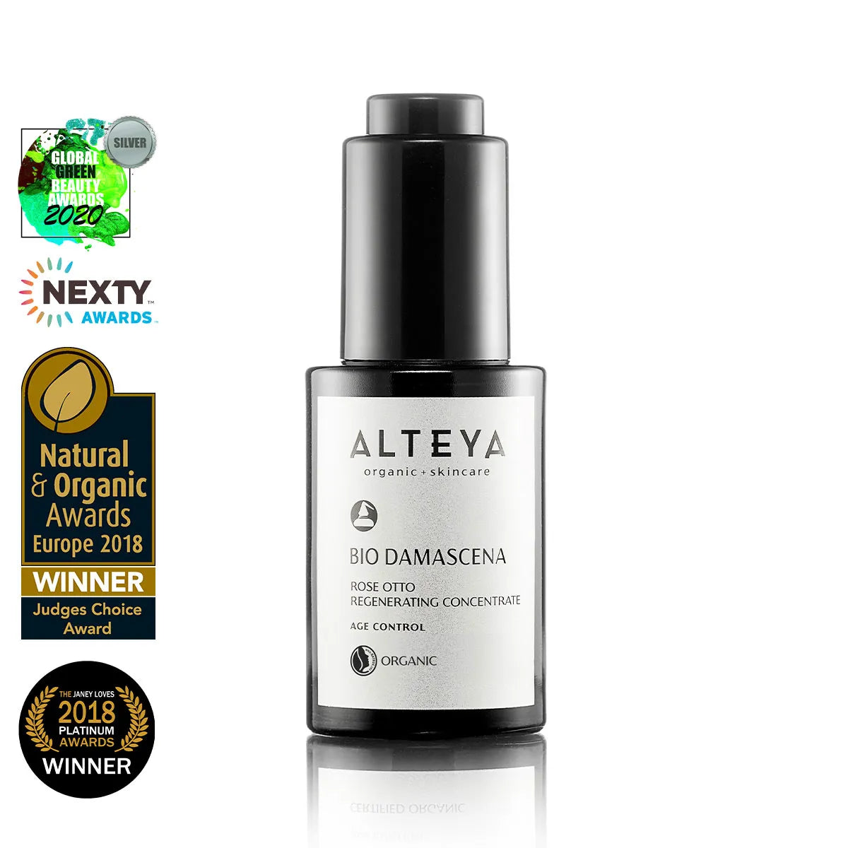 A black and white bottle of Alteya Organic Skincare's Bio Damascena Rose Otto Regenerating Concentrate, labeled as a high-performance serum for organic age control.