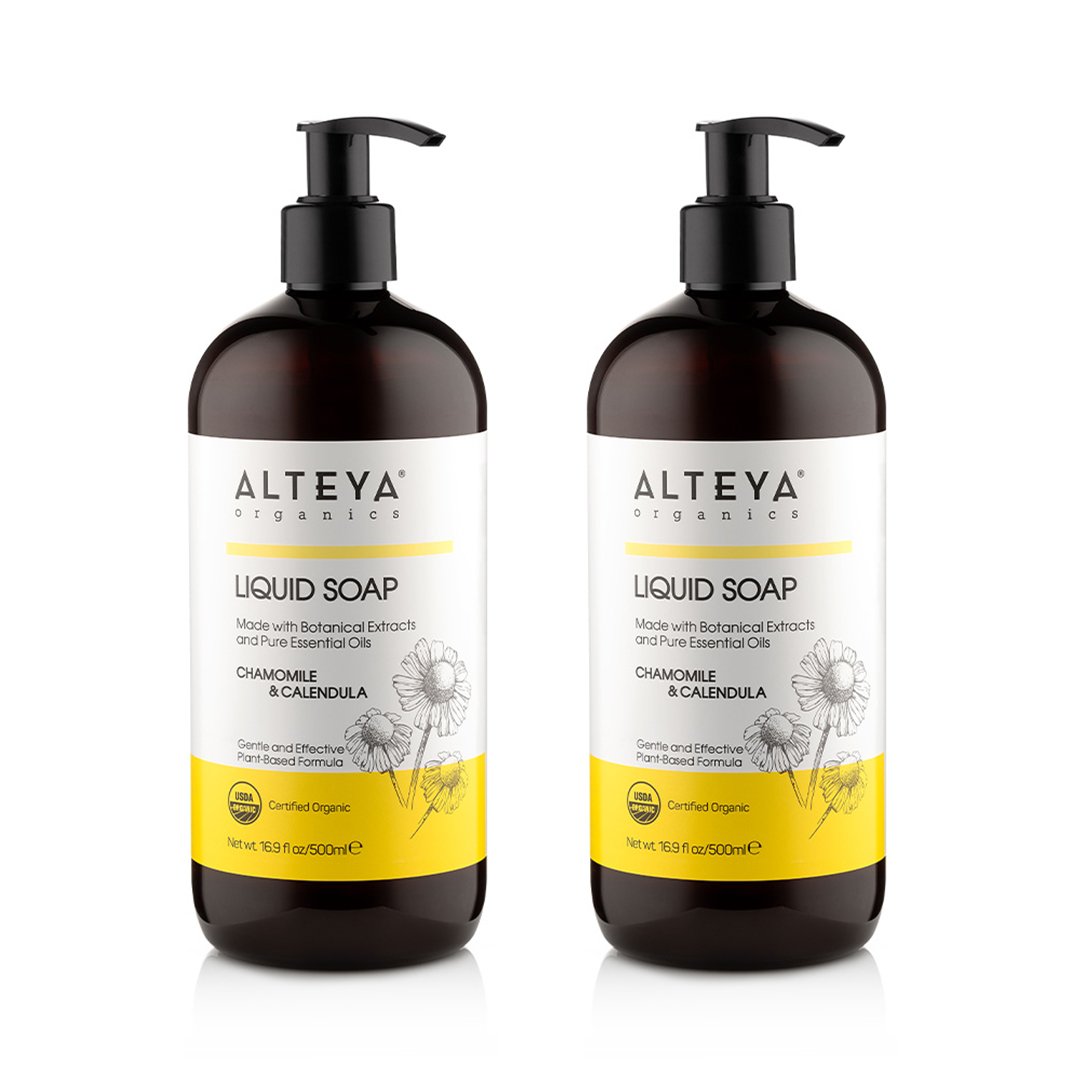 Two bottles of Alteya Organics Liquid Soap Chamomile & Calendula on a white background featuring Chamomile & Calendula.