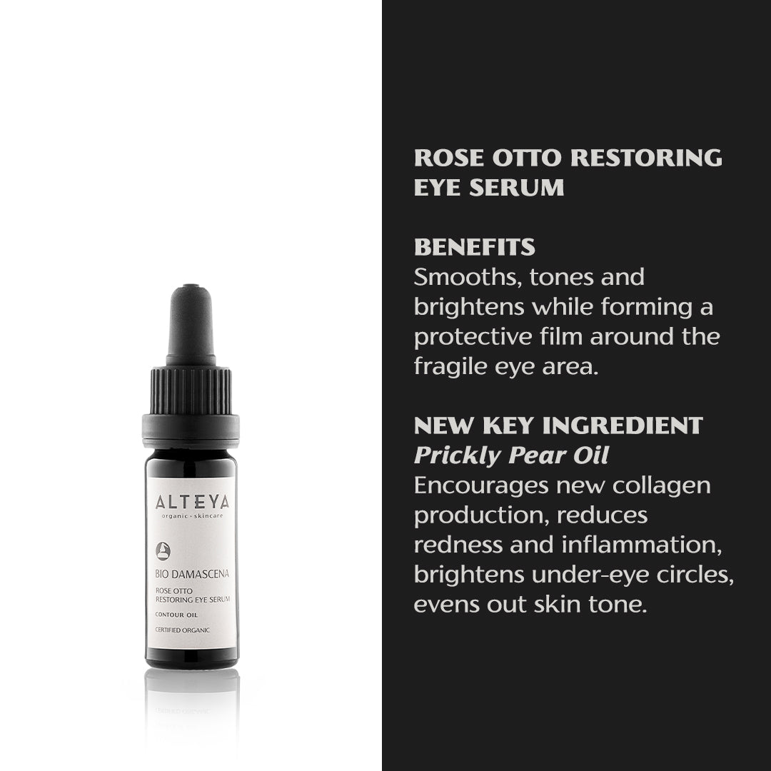 Bio Damascena Rose Otto Restoring Eye Serum by Alteya Organics is a skin-reviving complex that effectively reduces lines and wrinkles.