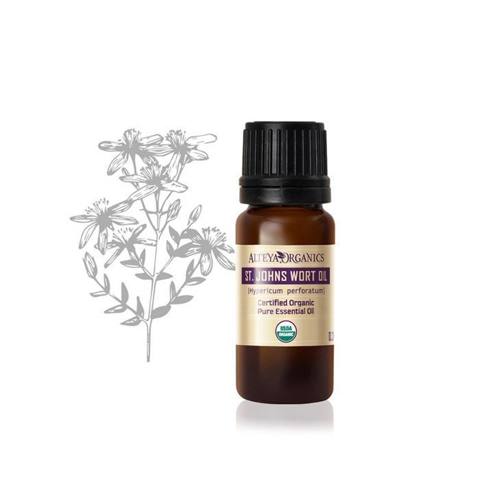 Organic chamomile and Alteya Organics St. John's Wort essential oil blend for aromatherapy purposes, infused with anti-inflammatory properties. 10ml bottle size.