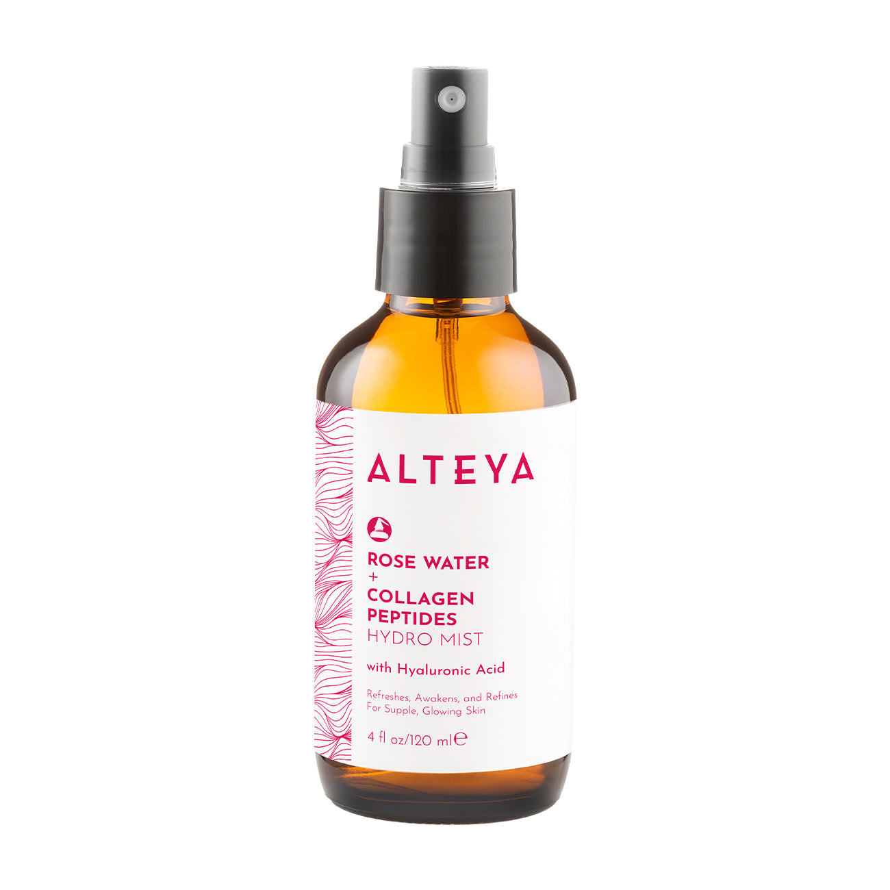 A bottle of Alteya Organics' Rose Water Face Toner with Collagen Peptides and Hyaluronic Acid, perfect for sensitive skin.