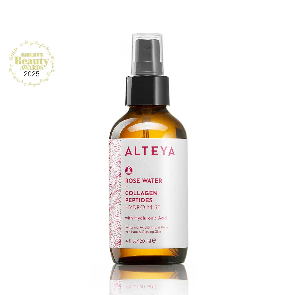 A bottle of Alteya Organics' Rose Water Face Toner with Collagen Peptides and Hyaluronic Acid, perfect for sensitive skin.
