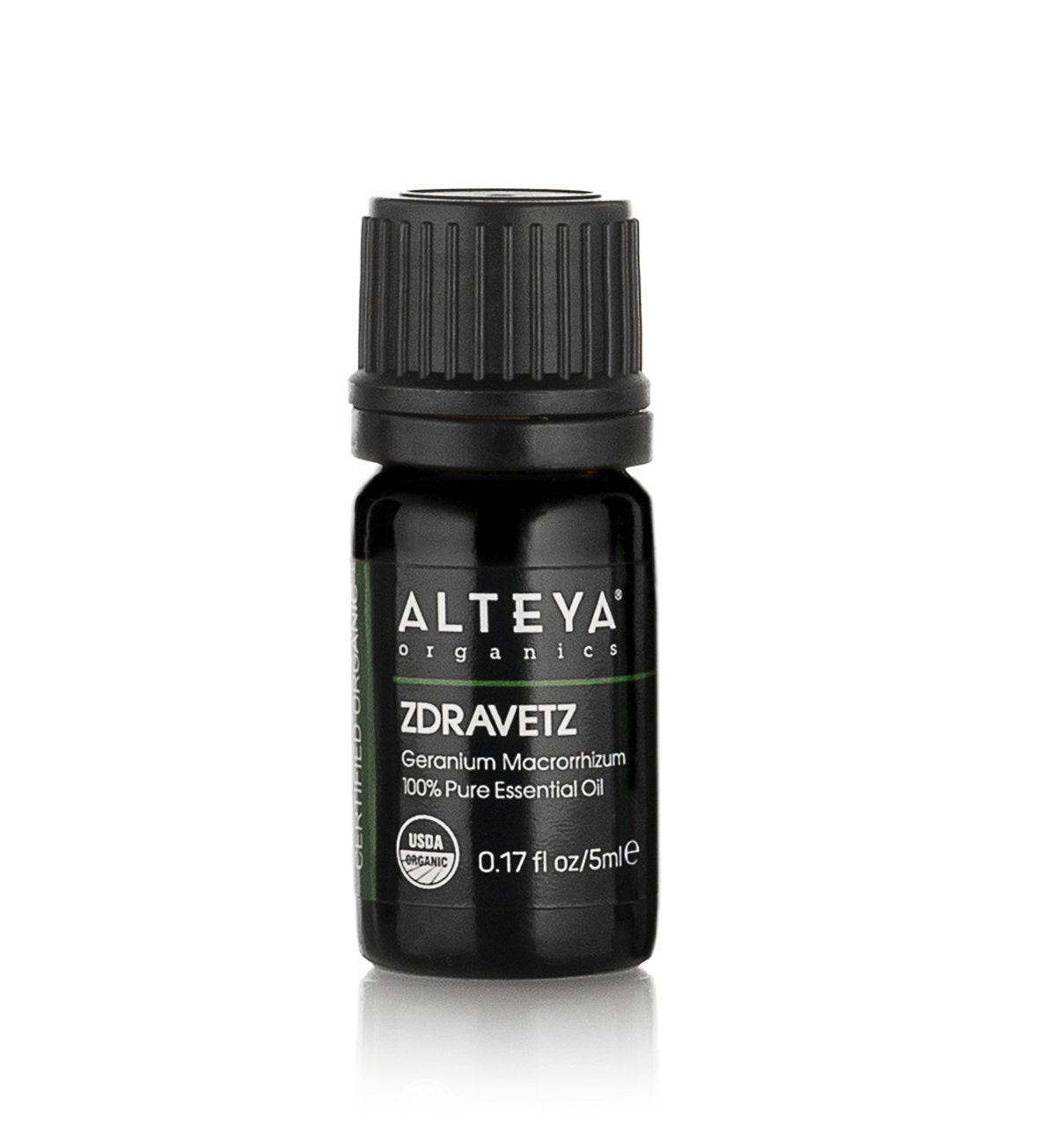 A bottle of Alteya Organics Zdravetz essential oil, ideal for oily skin and infused with the essence of Bulgarian culture.