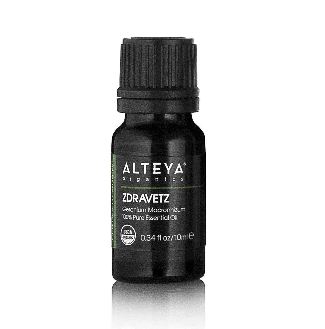 A bottle of Alteya Organics Zdravetz essential oil /Geranium macrorrhizum/ – True Geranium on a white background.
