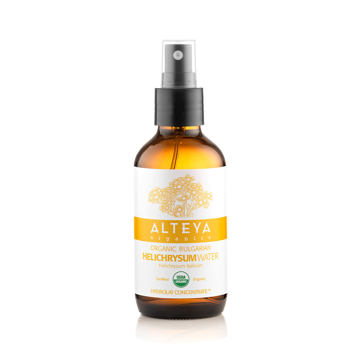 An organic bottle of Alteya Organics Bulgarian Organic Helichrysum Water – Glass Spray, infused with hydrating helichrysum water, displayed on a white background.