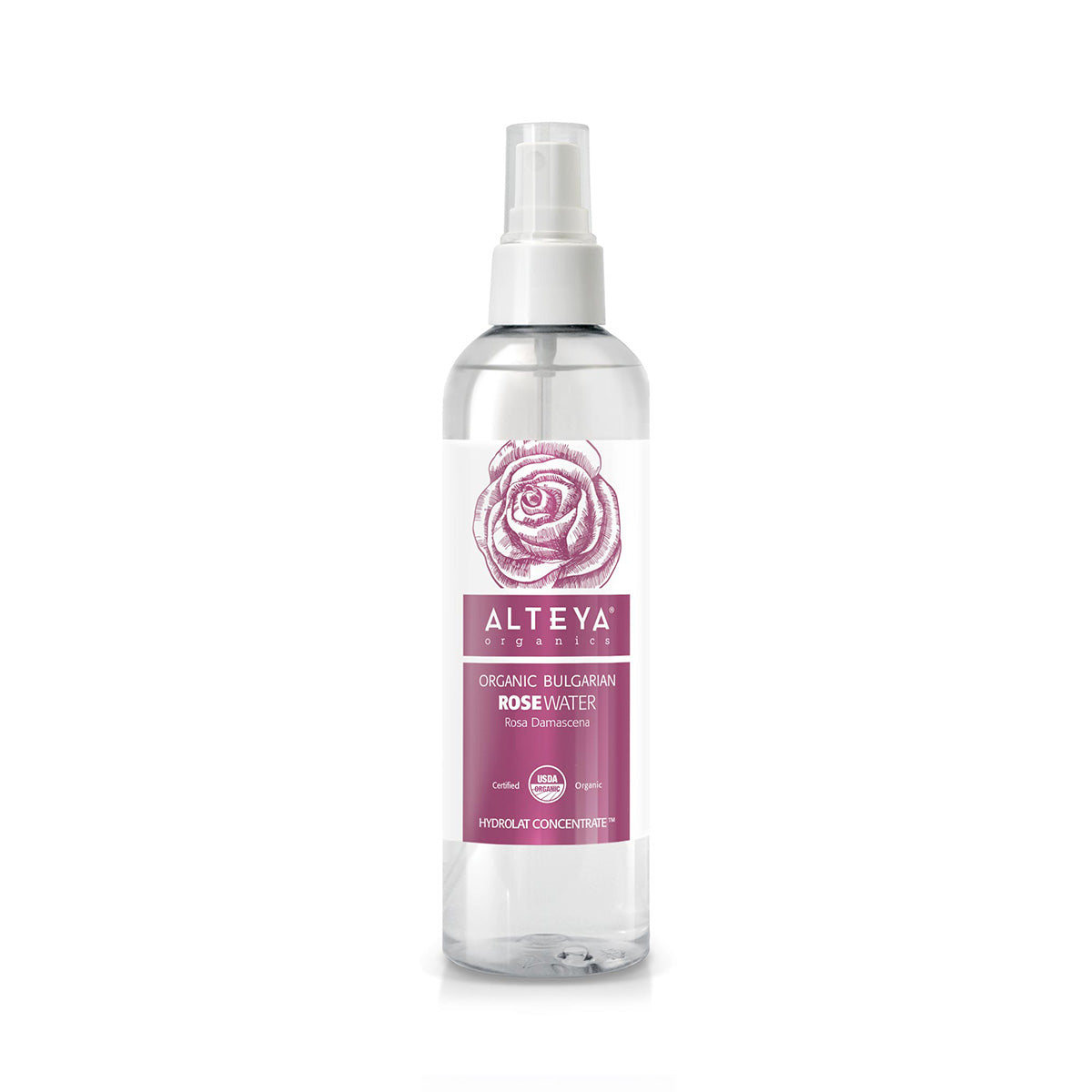 An Alteya Organics Organic Bulgarian Rose Water Toner Mist - 8.5 Fl Oz on a white background, perfect for skincare or haircare routines.