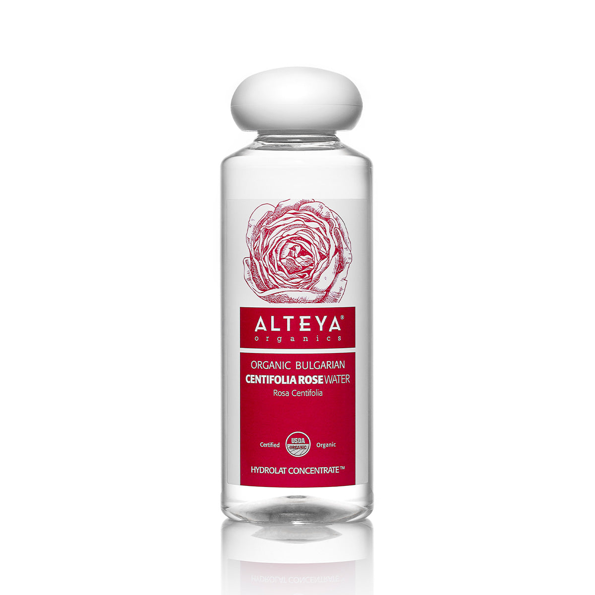 A bottle of Bulgarian Organic Centifolia Rose Water 8.5 Fl Oz by Alteya Organics with roses on a white background.
