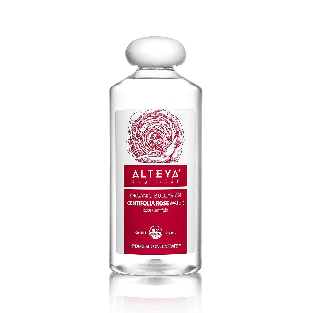 An organic bottle of Bulgarian Organic Centifolia Rose Water by Alteya Organics on a white background.