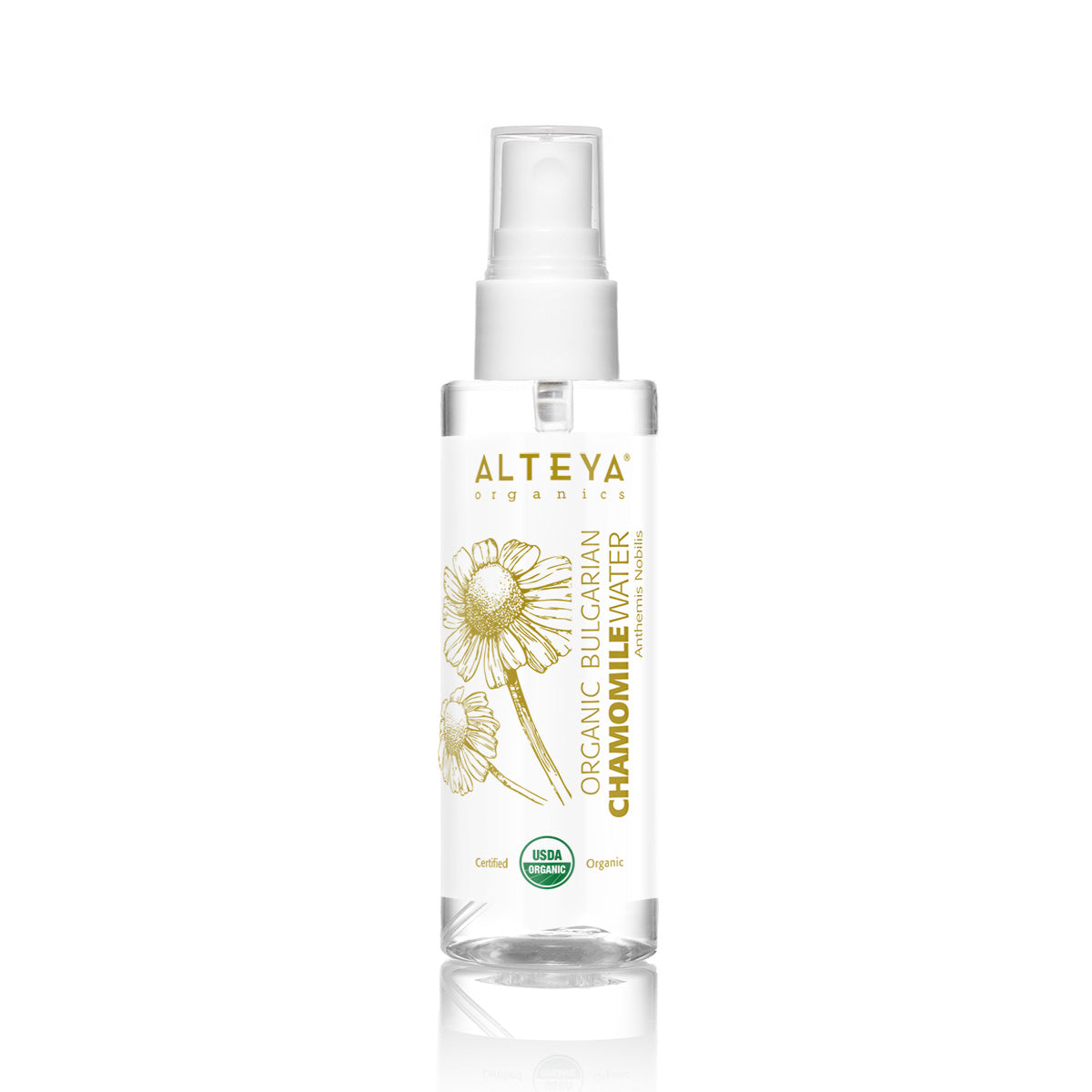 A bottle of Alteya Organics Organic Bulgarian Chamomile Water - Spray 3.4 Fl Oz, an ideal skin solution for inflammation and hydration, showcased against a clean white background.