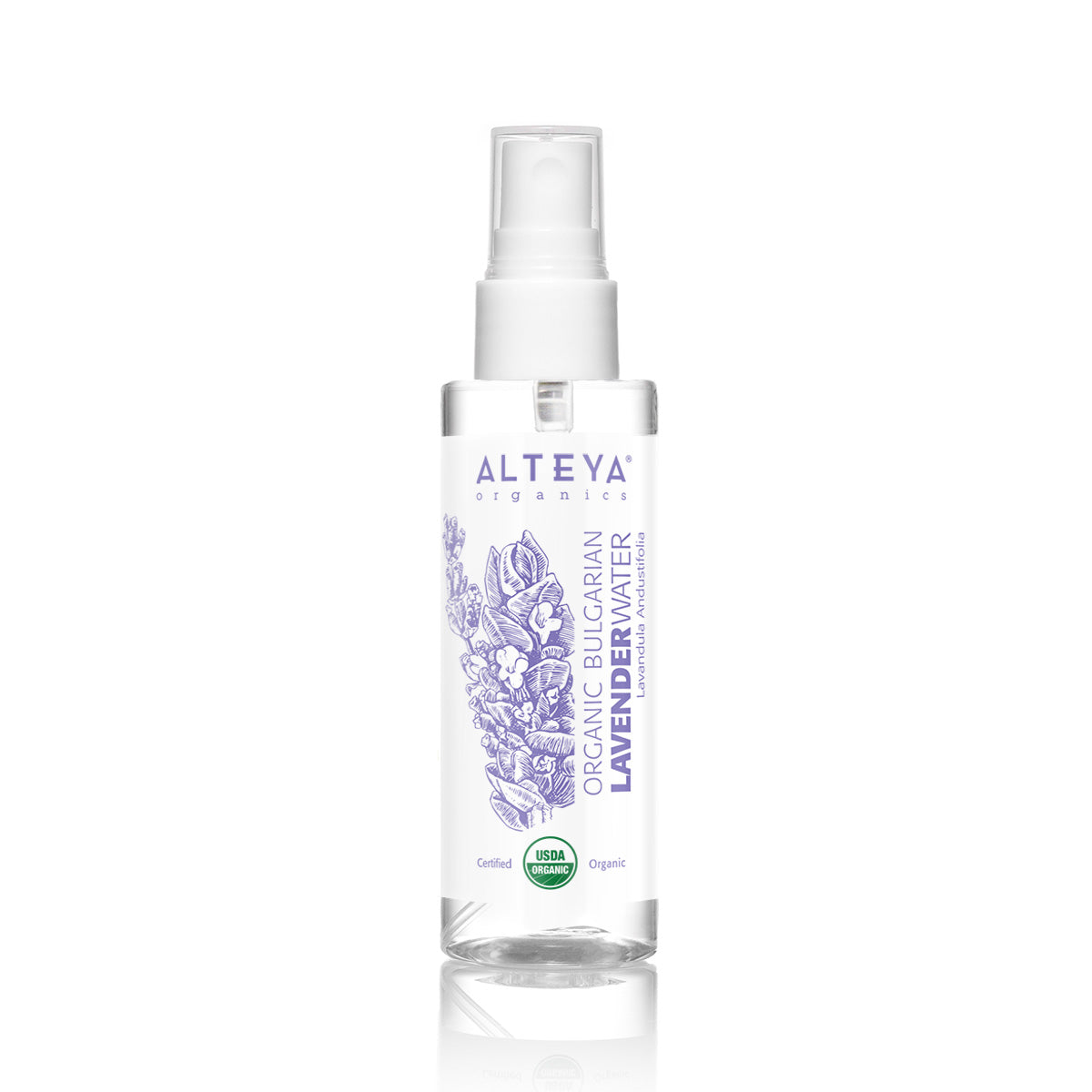 A bottle of Bulgarian Lavender Water Spray 3.4 Fl Oz from Alteya Organics, steam distilled, on a white background.