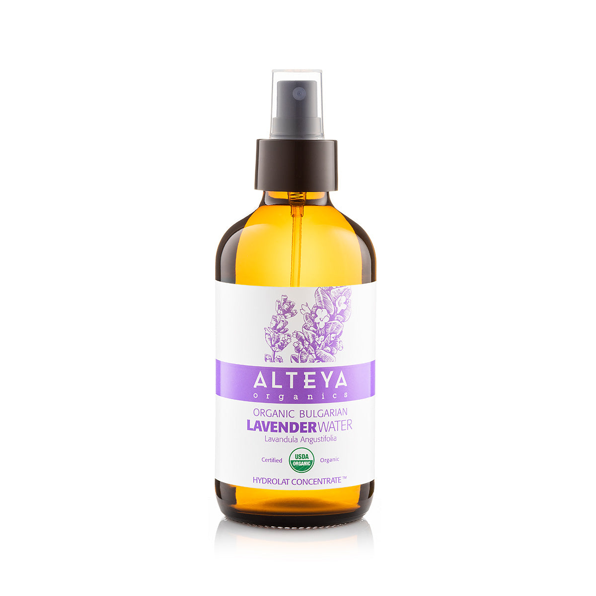 An Alteya Organics bottle of Bulgarian Organic Lavender Water – Glass Spray for skincare on a white background.