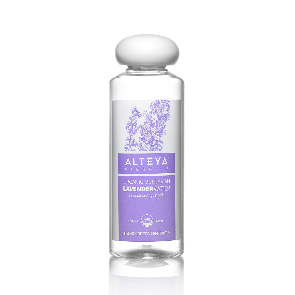 A bottle of USDA Certified Organic Lavender Water by Alteya Organics for skincare on a white background.