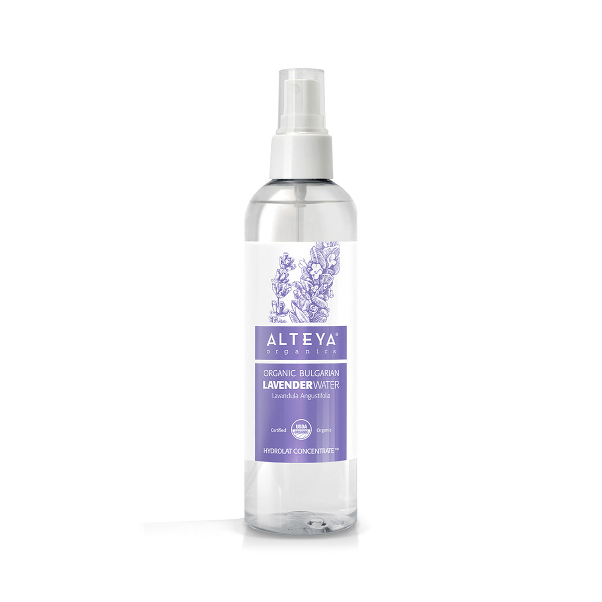 An Alteya Organics Bulgarian Lavender Water 8.5 Fl Oz Spray bottle on a white background.