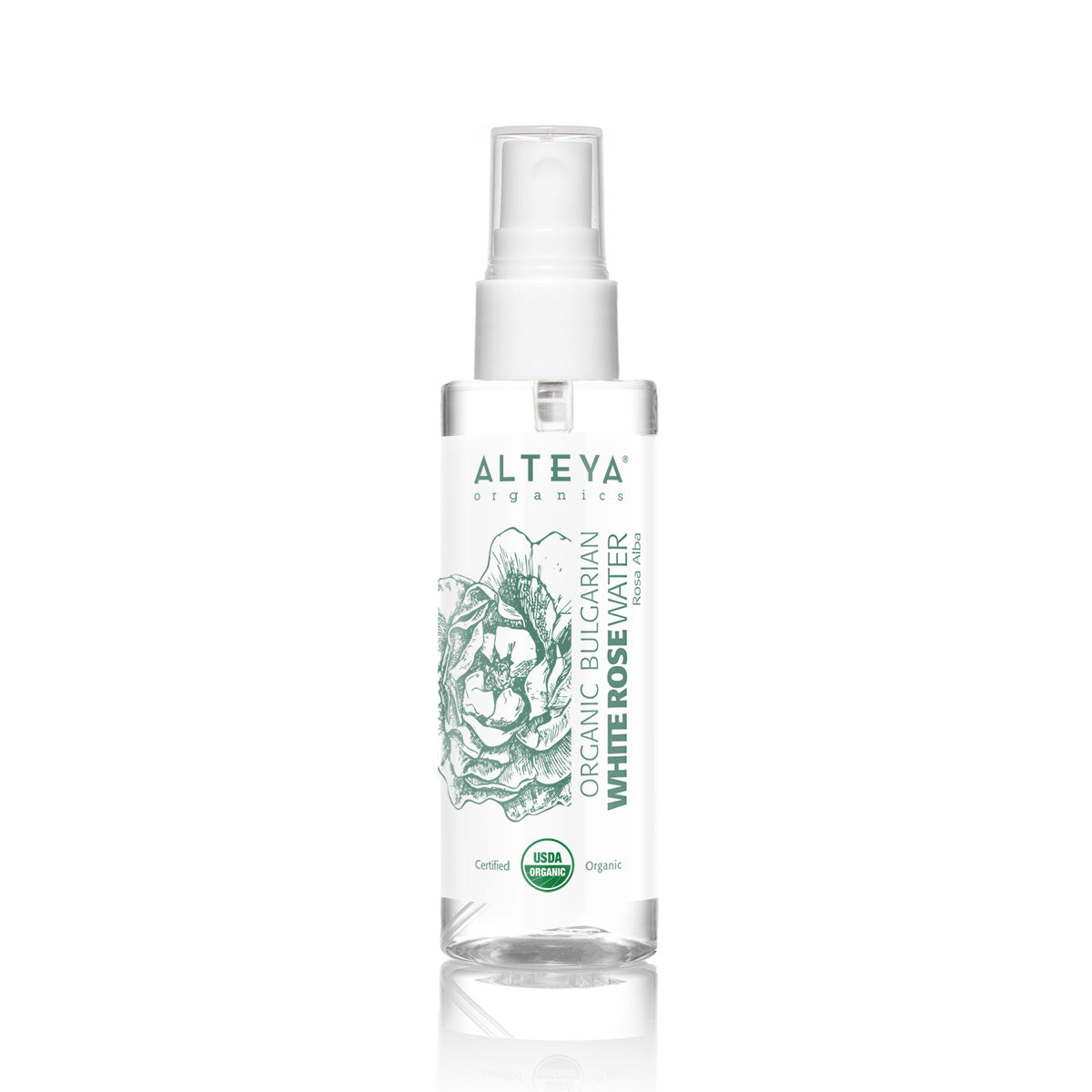 A bottle of Alteya Organics Organic Bulgarian White Rose Water (Rosa Alba) 3.4 Fl Oz spray, suitable for all skin and hair types. Infused with the gentle essence of white rose water, this refreshing mist is made from natural.