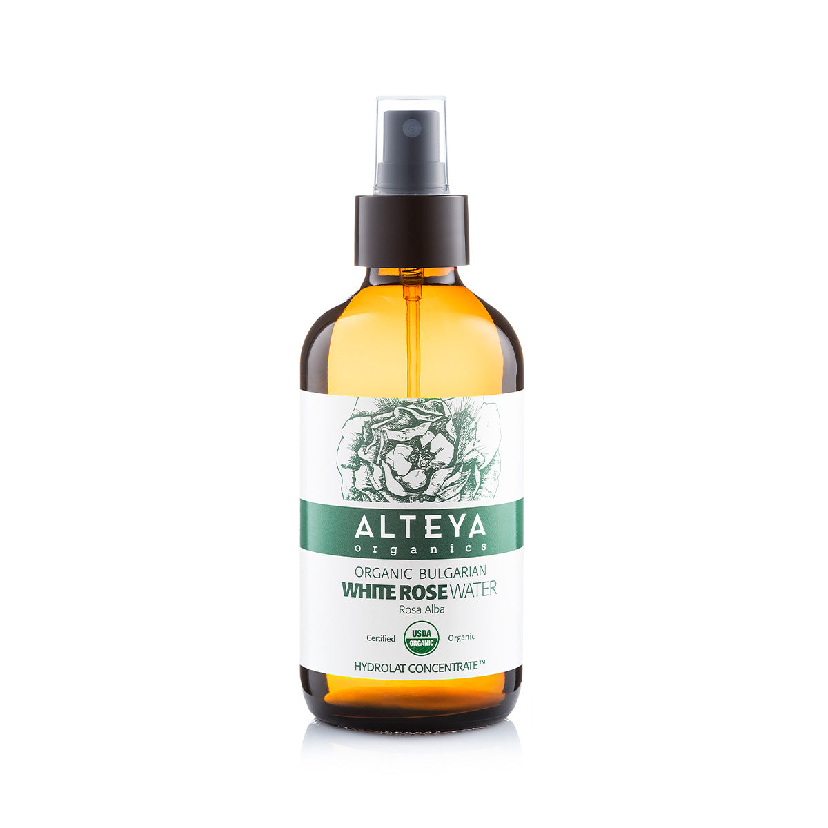 A bottle of Alteya Organics Bulgarian Organic White Rose Water (Rosa Alba) – Glass Spray, made with Rosa Alba blossoms, on a white background.