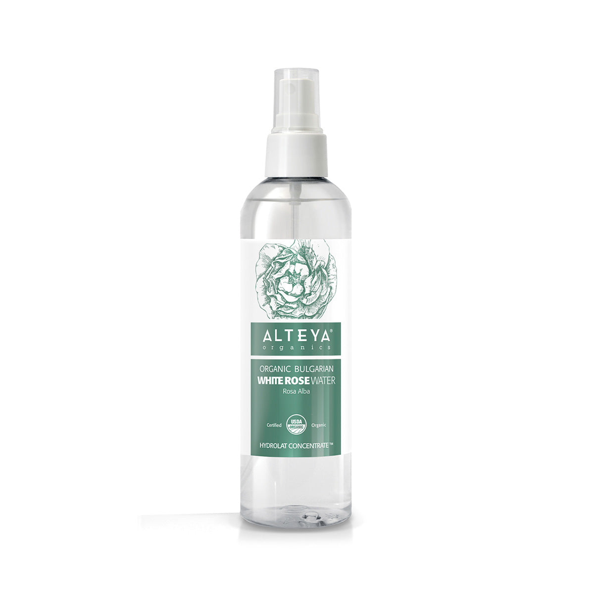 A bottle of Alteya Organics' Organic Bulgarian White Rose Water (Rosa Alba) - 8.5 Fl Oz Spray on a white background, infused with the delicate essence of white rose water.