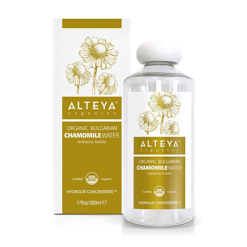 A bottle of Alteya Organics' Bulgarian Organic Chamomile Water lotion next to a box.