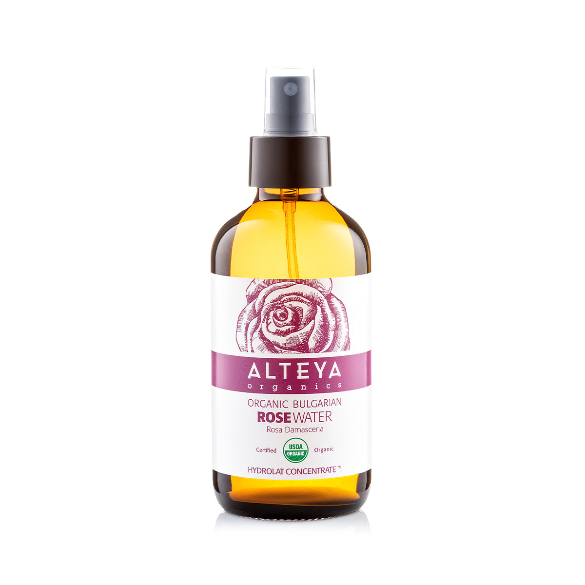 An Alteya Organics Bulgarian Organic Rose Water – Glass Spray bottle on a white background, perfect for hydrating skincare.