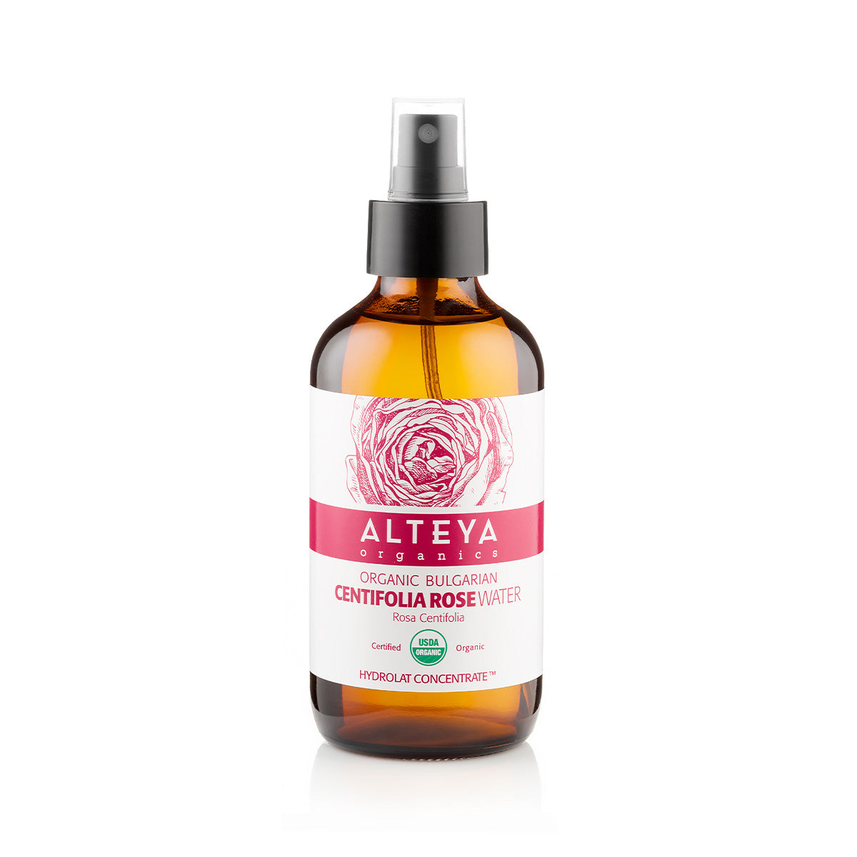 An aromatic bottle of Bulgarian Organic Centifolia Rose Water – Amber Glass Bottle infused with Alteya Organics rose water.