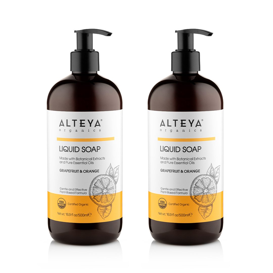 Two bottles of Alteya Organics Liquid Soap Grapefruit & Orange, on a white background.