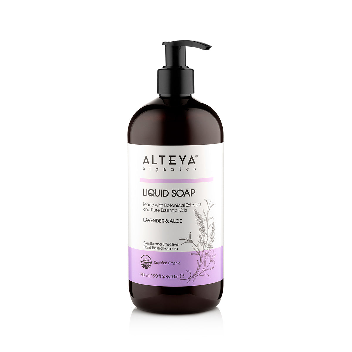 A bottle of Alteya Organics Liquid Soap Lavender & Aloe on a white background.