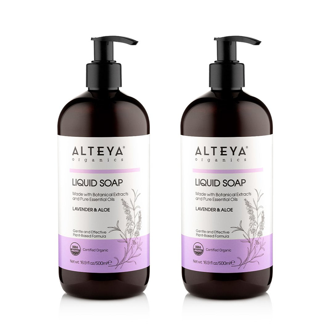 Two bottles of Alteya Organics Liquid Soap Lavender & Aloe.