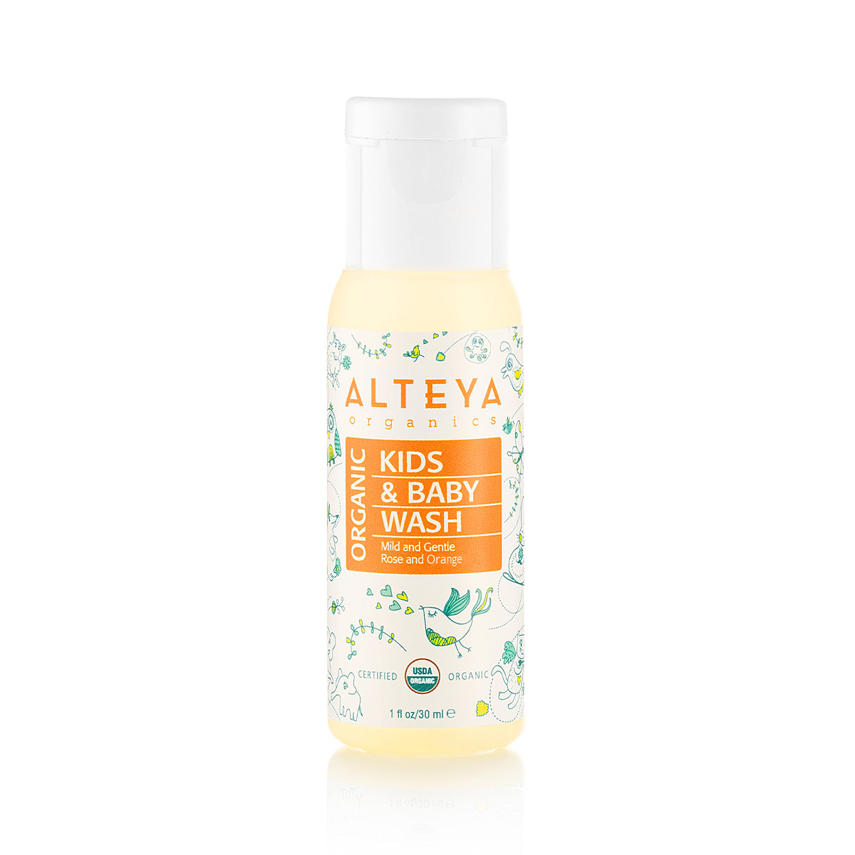 An Alteya Organics organic kids & baby body wash specifically formulated for sensitive skin, called the Organic Baby Wash Mild and Gentle 1 Fl Oz.