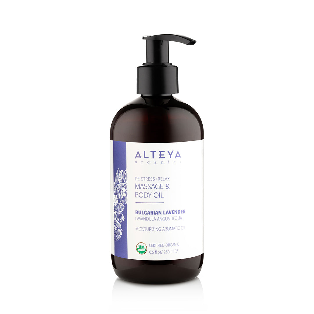 A nourishing bottle of Alteya Organics Bulgarian Lavender Relaxing Massage and Body Oil, perfect for relaxation after a long day.