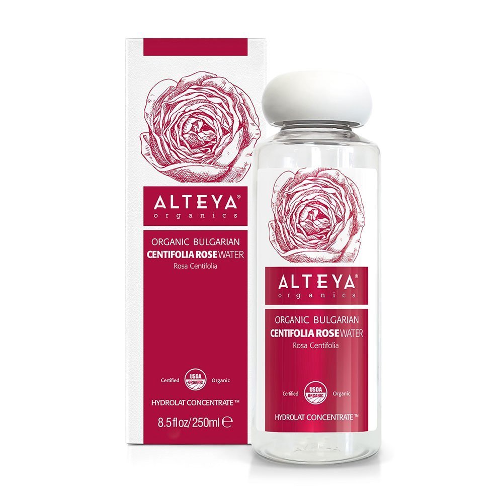 A bottle of Alteya Organics Bulgarian Organic Centifolia Rose Water 8.5 Fl Oz with a box next to it.
