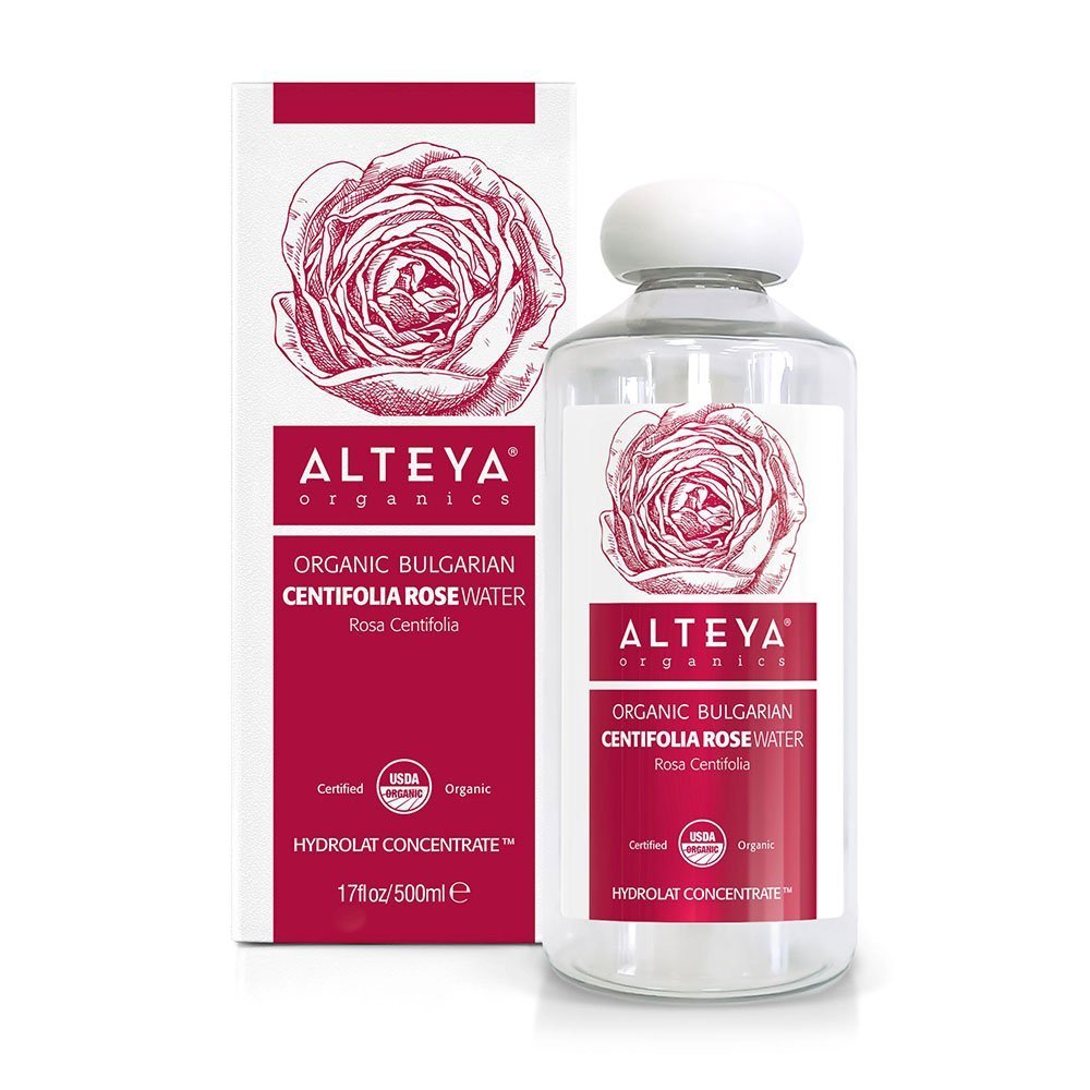 A bottle of Alteya Organics Bulgarian Organic Centifolia Rose Water 17 Fl Oz in front of a box.