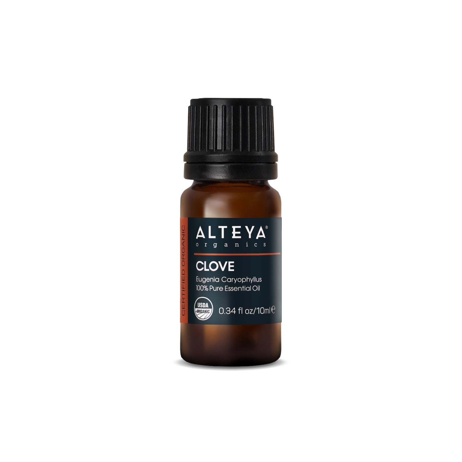A bottle of clove essential oil (Syzygium Aromaticum) from Alteya Organics on a white background with antimicrobial properties.
