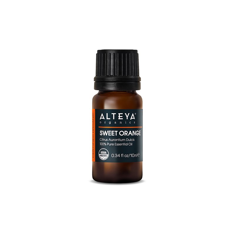 A bottle of Alteya Organics' Certified Organic Sweet Orange Essential Oil, perfect for aromatherapy and rejuvenating the skin complexion, displayed on a clean white background.