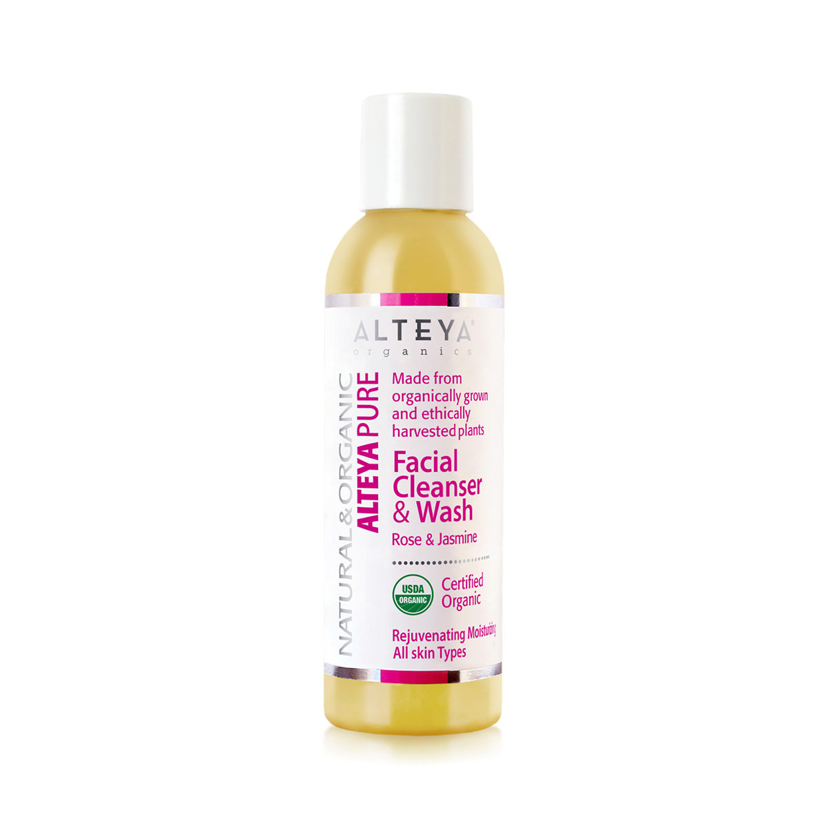 A gentle and organic bottle of Alteya Organics Facial Cleanser & Wash - Rose & Jasmine on a white background with the soothing scents of rose and jasmine.