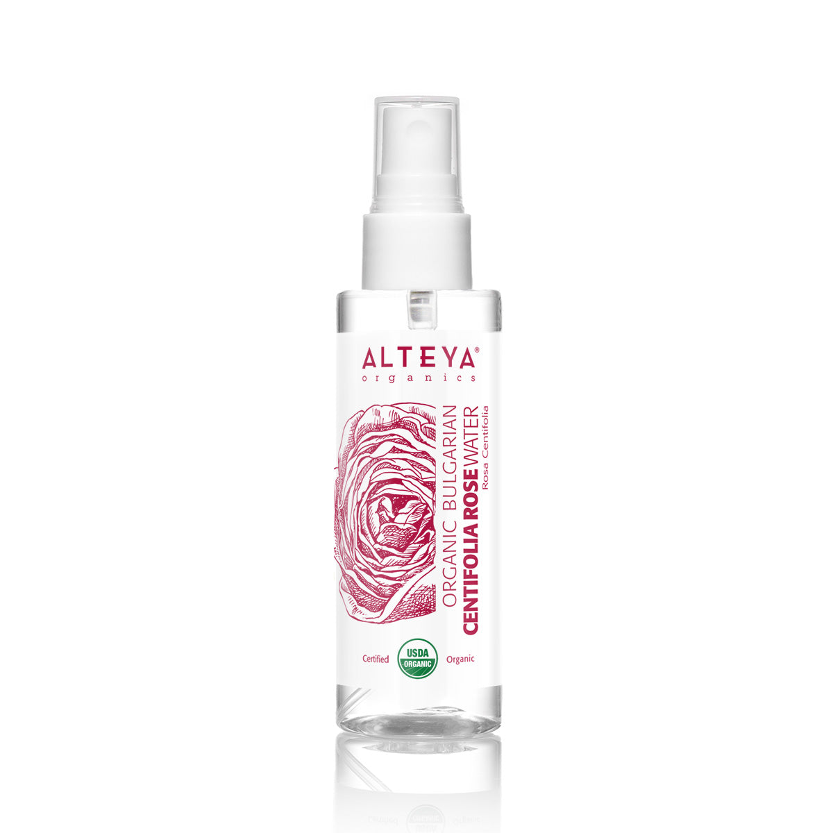 A bottle of Bulgarian Organic Centifolia rose water 3.4 Fl Oz by Alteya Organics on a white background.