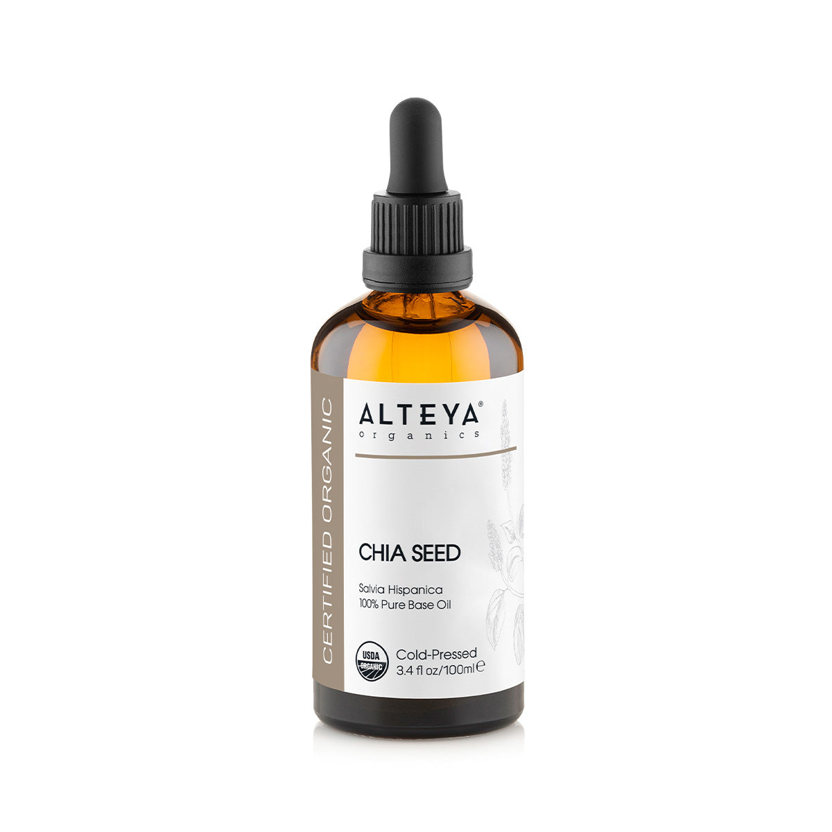 An Alteya Organics bottle of Organic Chia Carrier Oil for skincare and hair care.