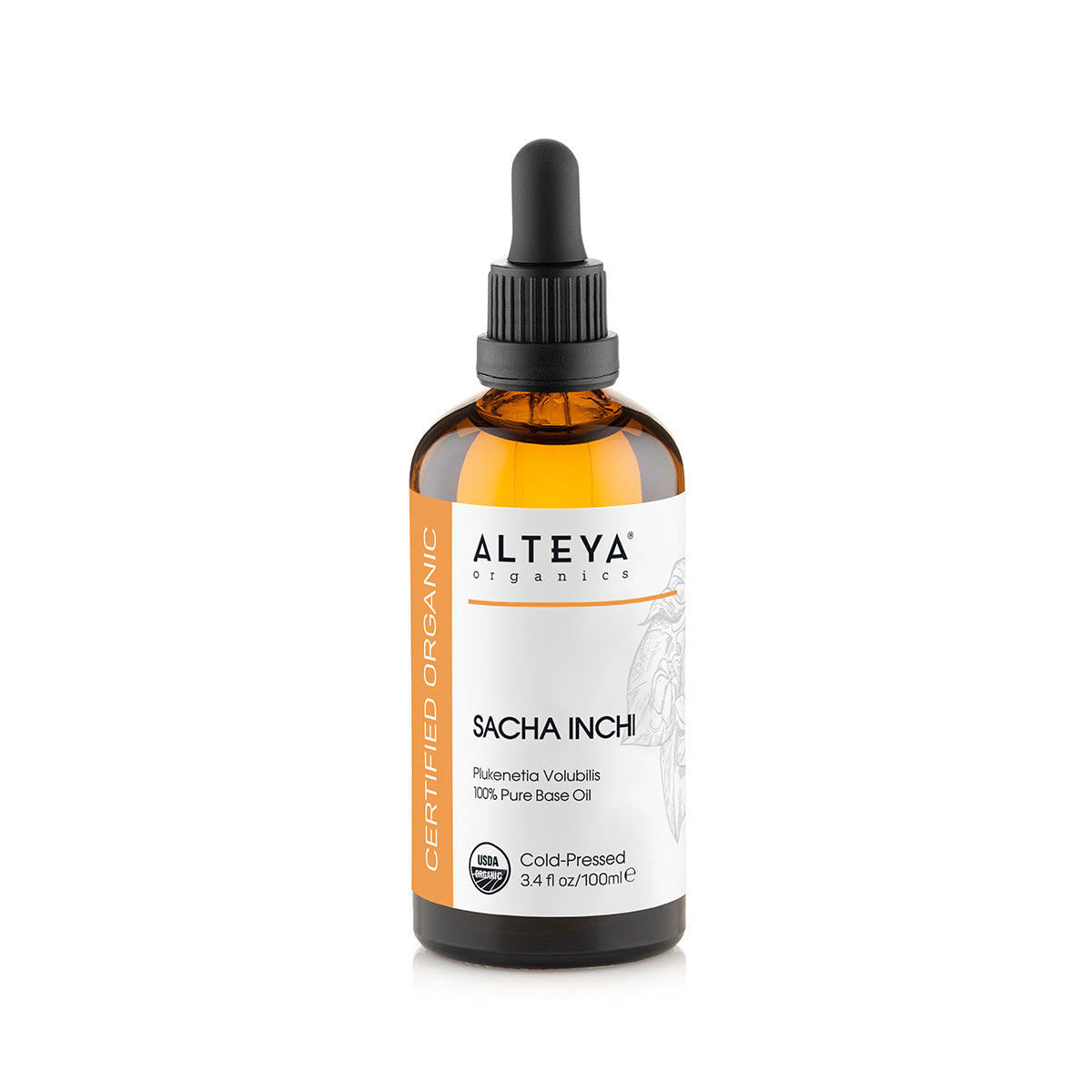 A bottle of Alteya Organics' Organic Sacha Inchi Seed Carrier Oil, enriched with omega-3 fatty acids from Sancha Inchi oil, on a white background.
